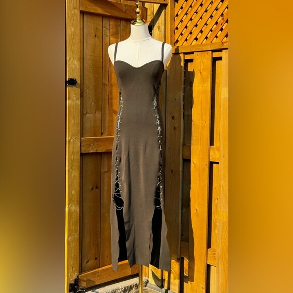 🆕 NICHOLAS 🧿 NWT Palmer Lace Up Ribbed Knit Maxi Dress, Olive Green - Sz M - Picture 3 of 15